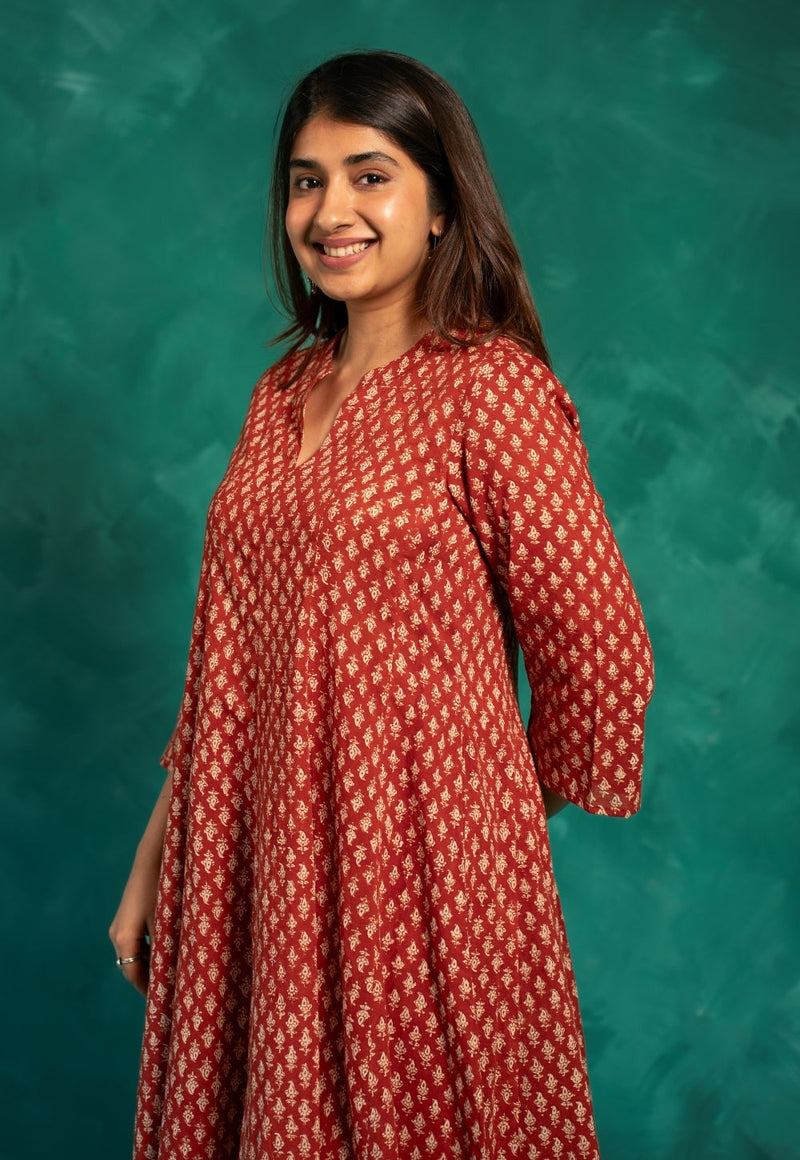 Viha Red Bagru Cotton Kali Kurta