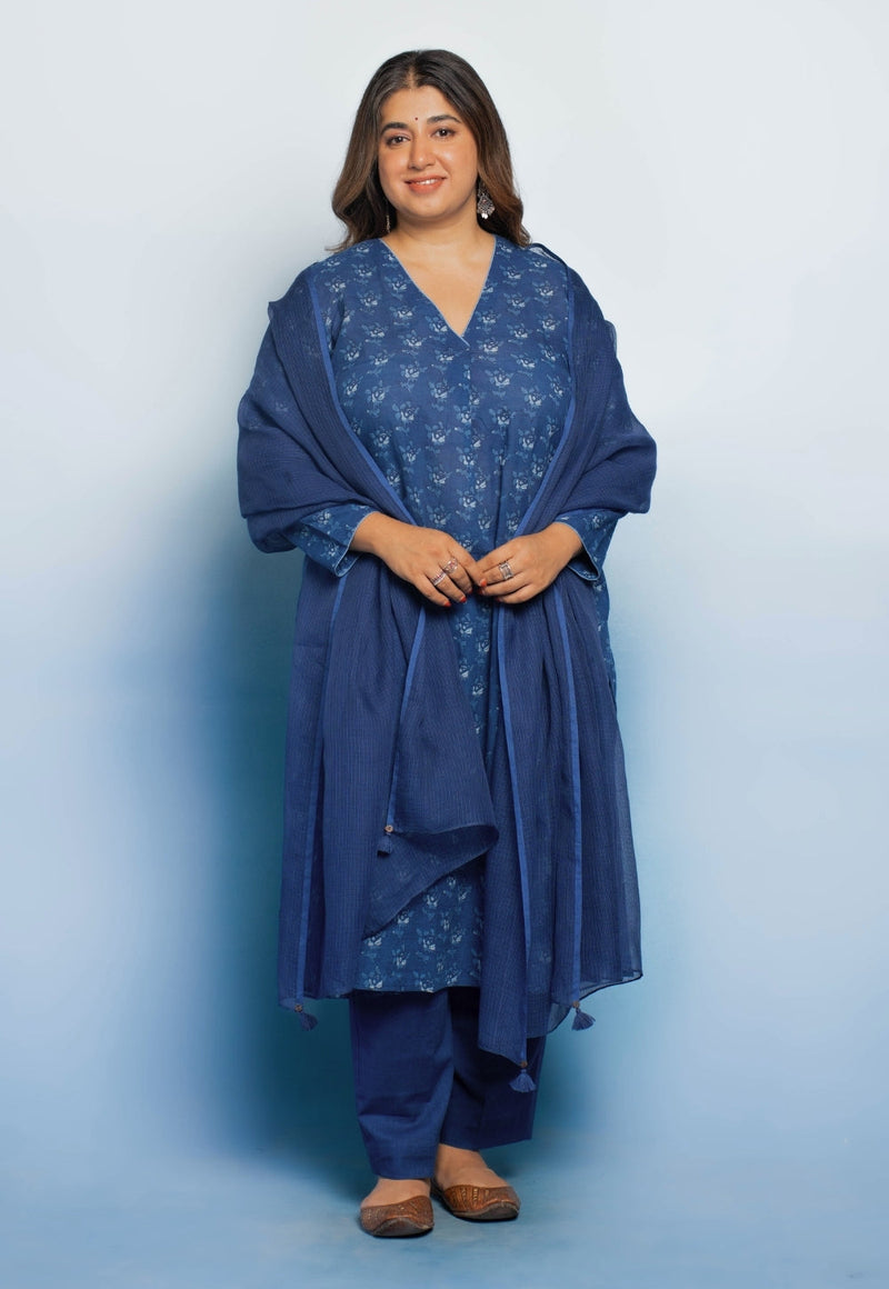 Raila Blue Dabu Mul Cotton Straight Kurta