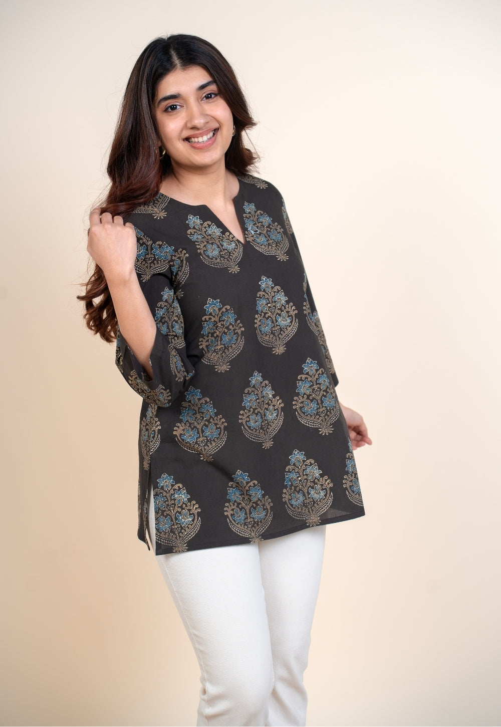 Yuvika Brown Ajrakh Cotton Straight Short Top