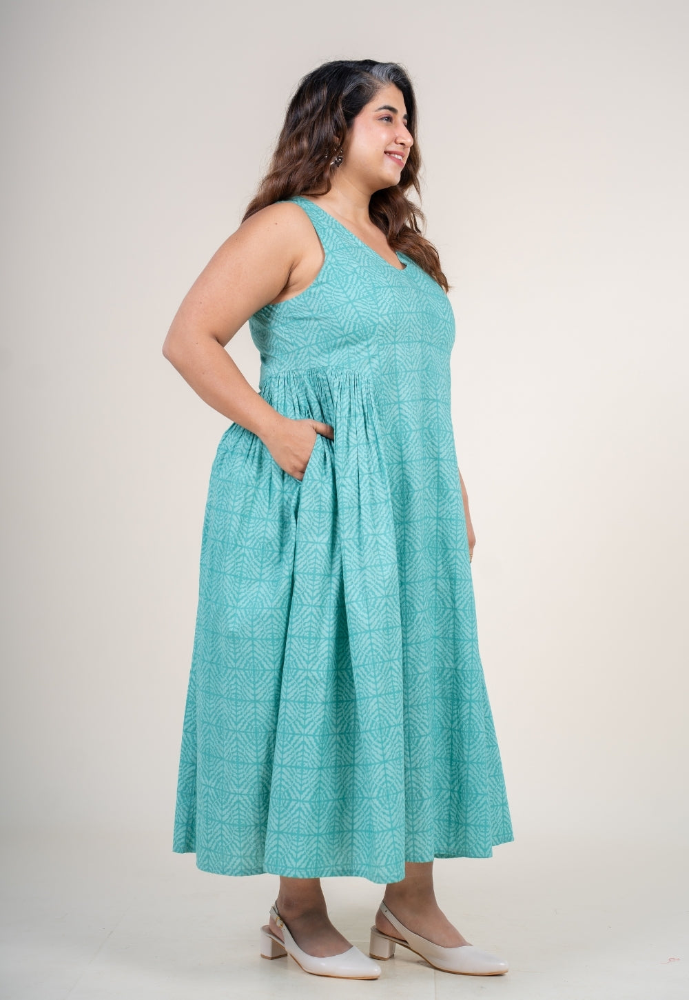 Navira Aqua Green Printed Cotton A Line Dress