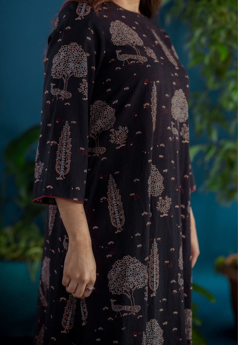 Tahira Black Ajrakh Cotton A Line Kurta