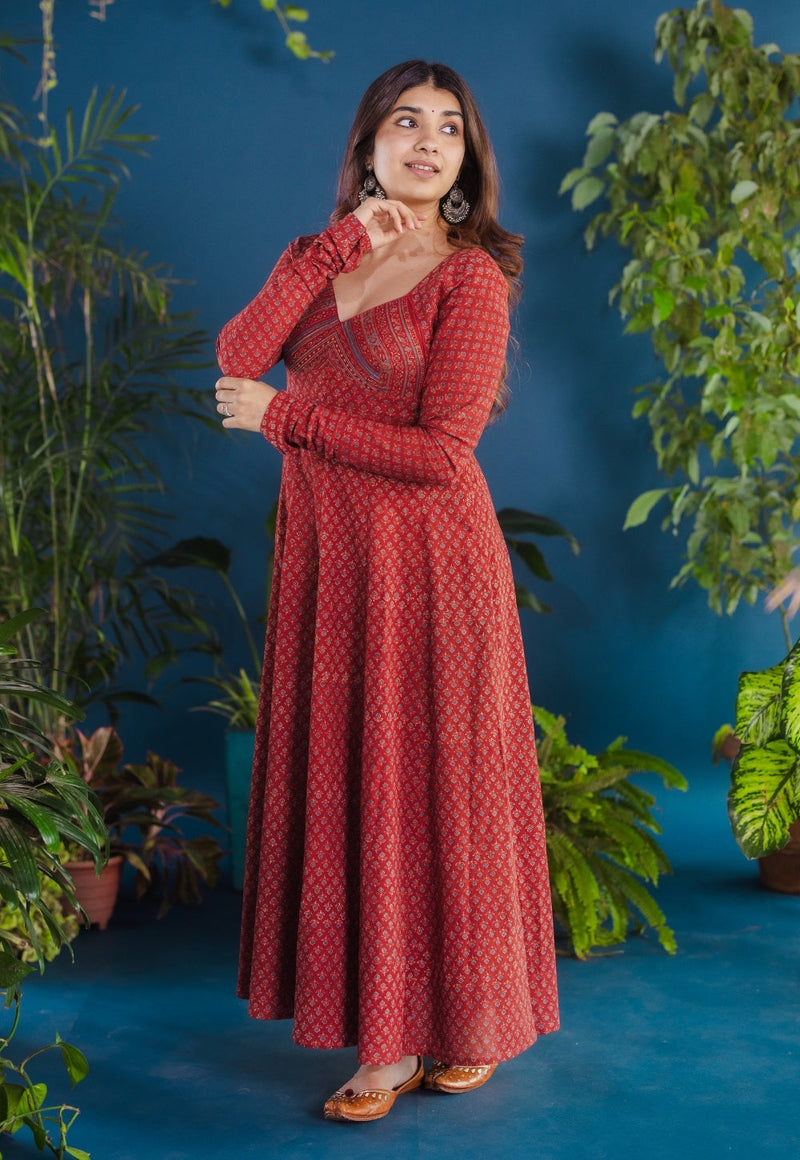 Aniha Red Ajrakh Cotton Kali Kurta