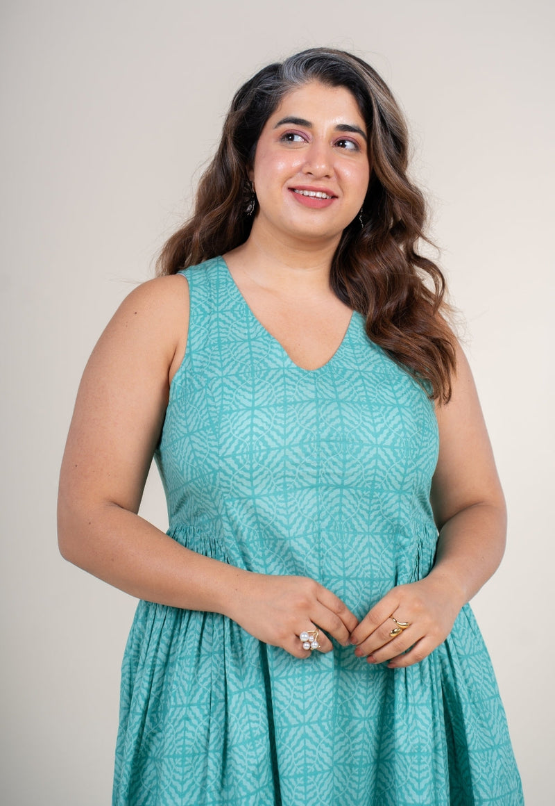 Navira Aqua Green Printed Cotton A Line Dress