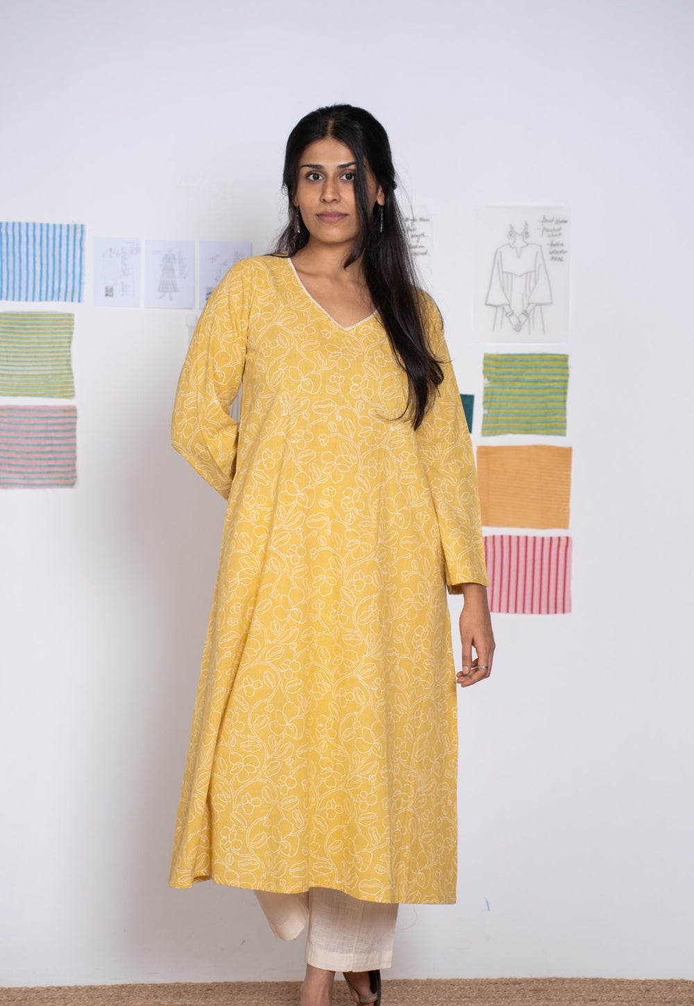 Aarti Mustard Hand Block Print Slub Cotton A Line Kurta with Hand Embroidery