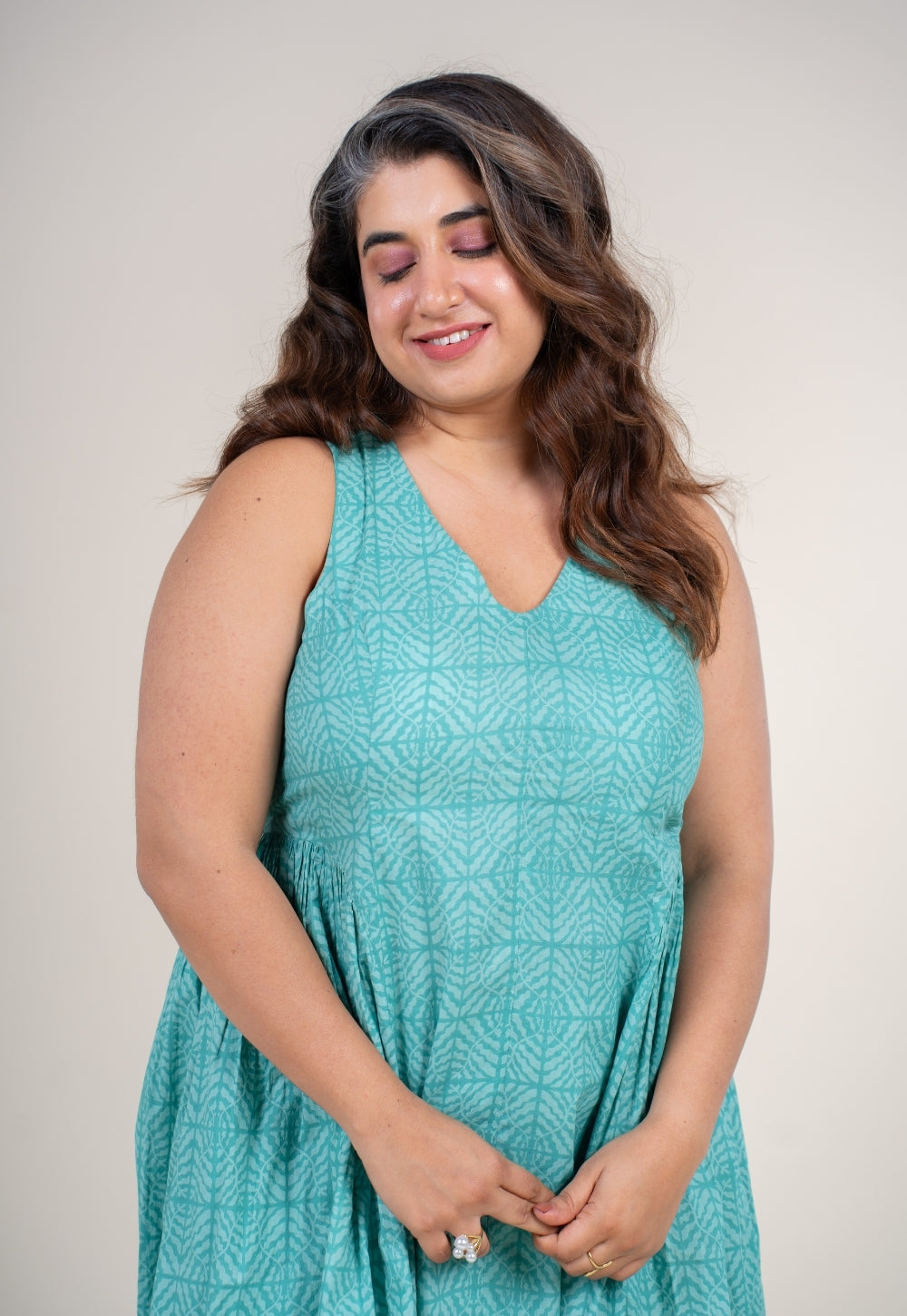 Navira Aqua Green Printed Cotton A Line Dress