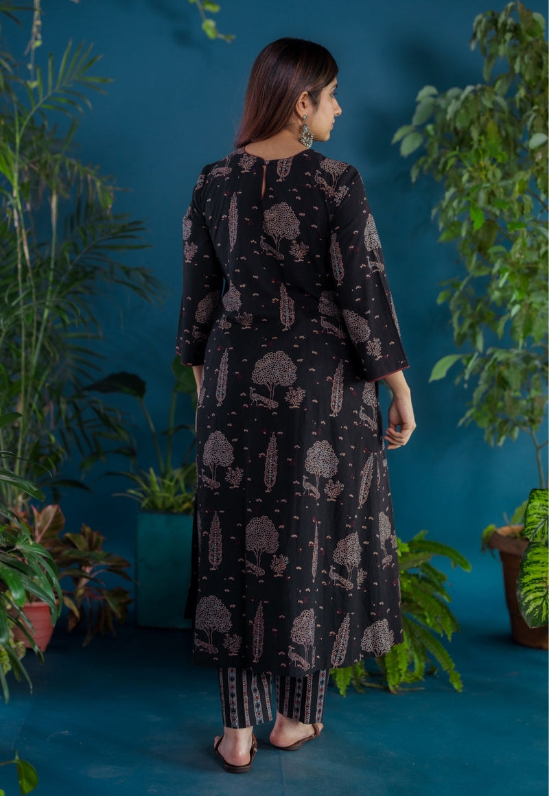 Tahira Black Ajrakh Cotton A Line Kurta