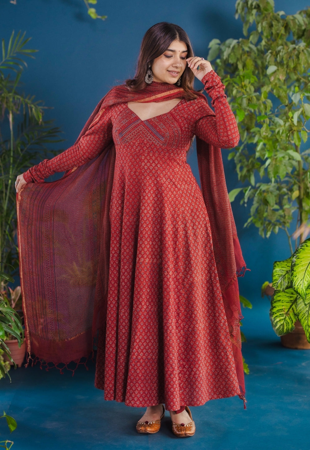 Aniha Red Ajrakh Cotton Kali Kurta