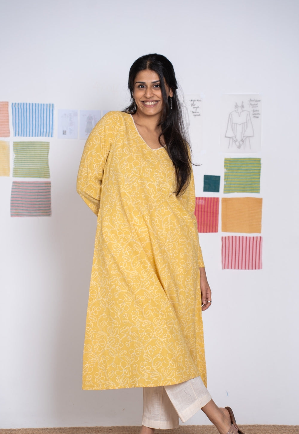 Aarti Mustard Hand Block Print Slub Cotton A Line Kurta with Hand Embroidery
