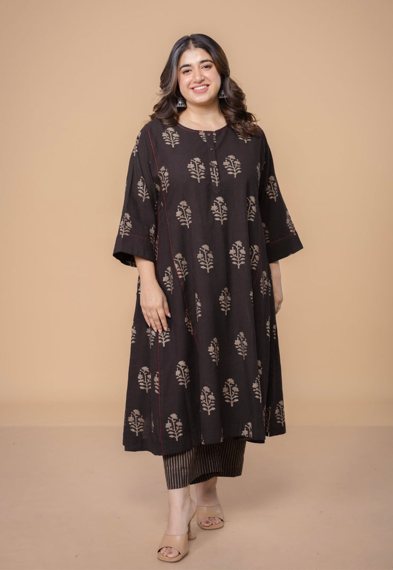 Disha Brown Dabu Slub Cotton Jhabbha Kali Kurta