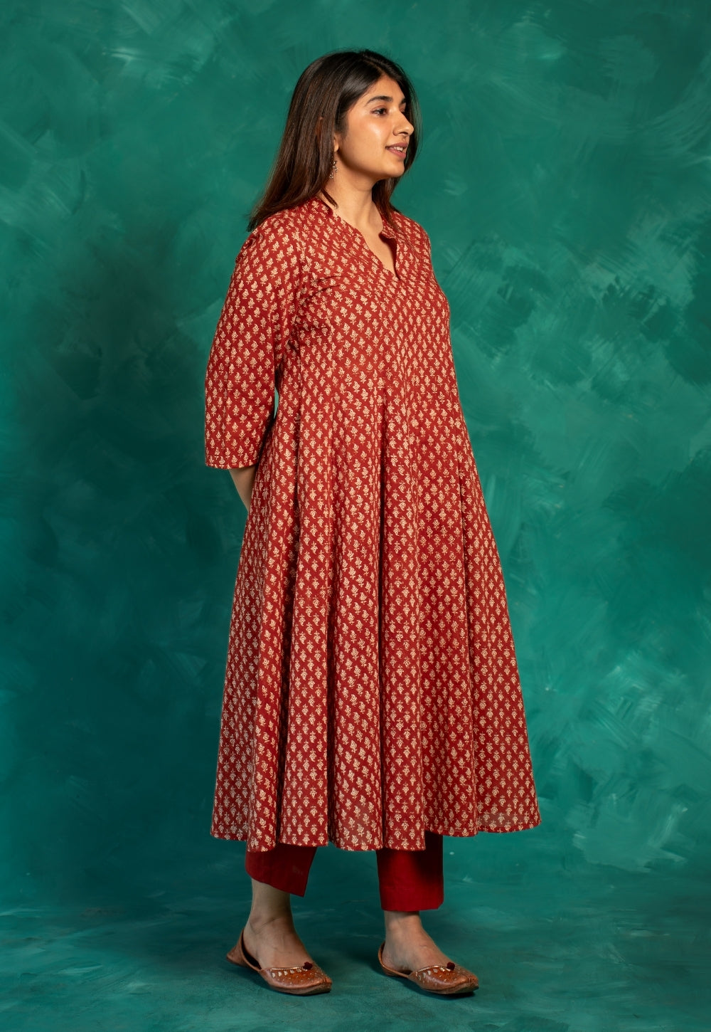Viha Red Bagru Cotton Kali Kurta