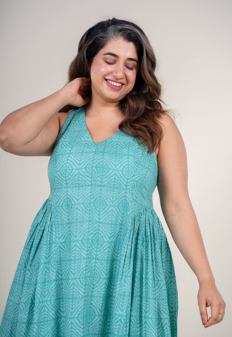 Navira Aqua Green Printed Cotton A Line Dress