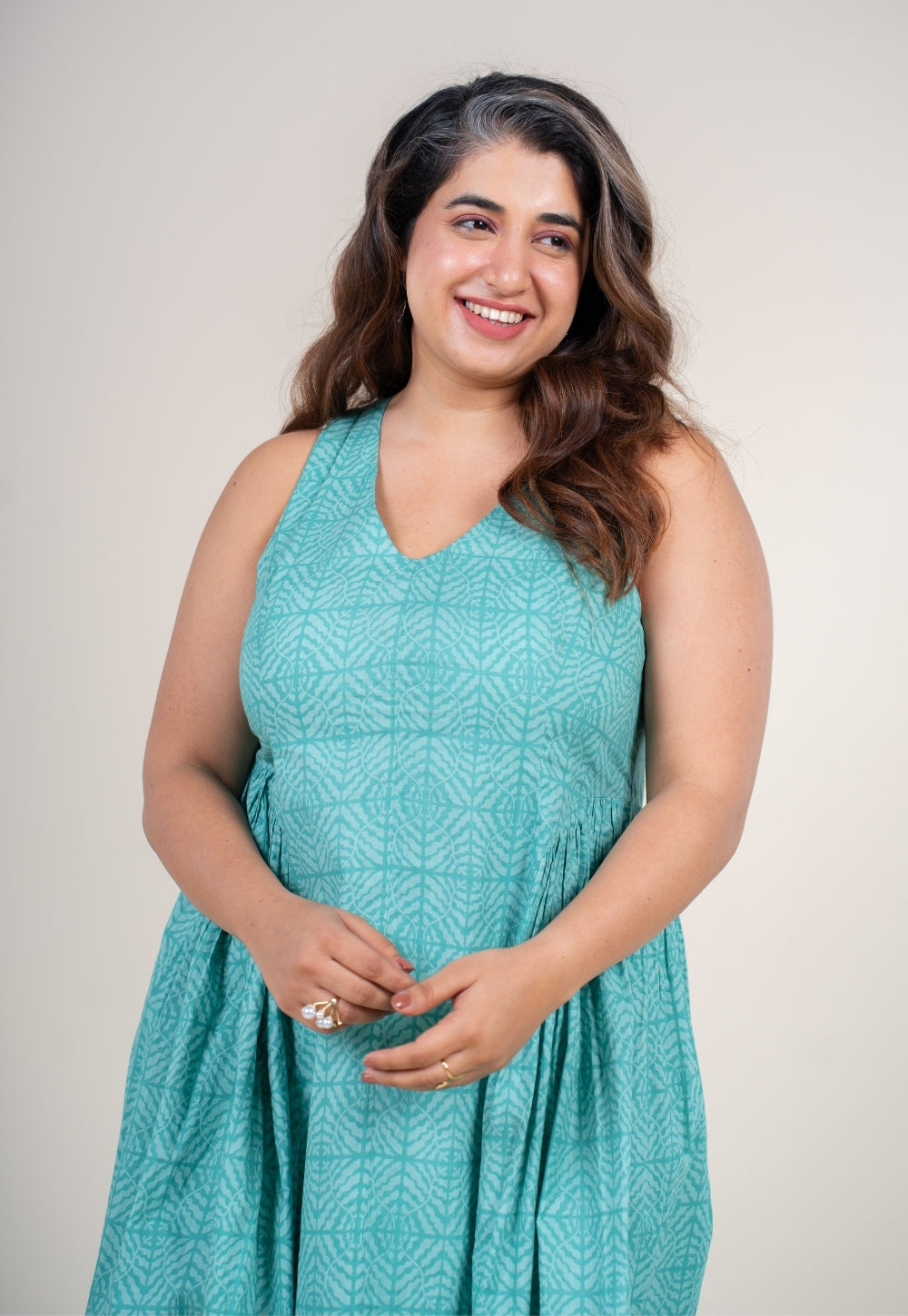 Navira Aqua Green Printed Cotton A Line Dress