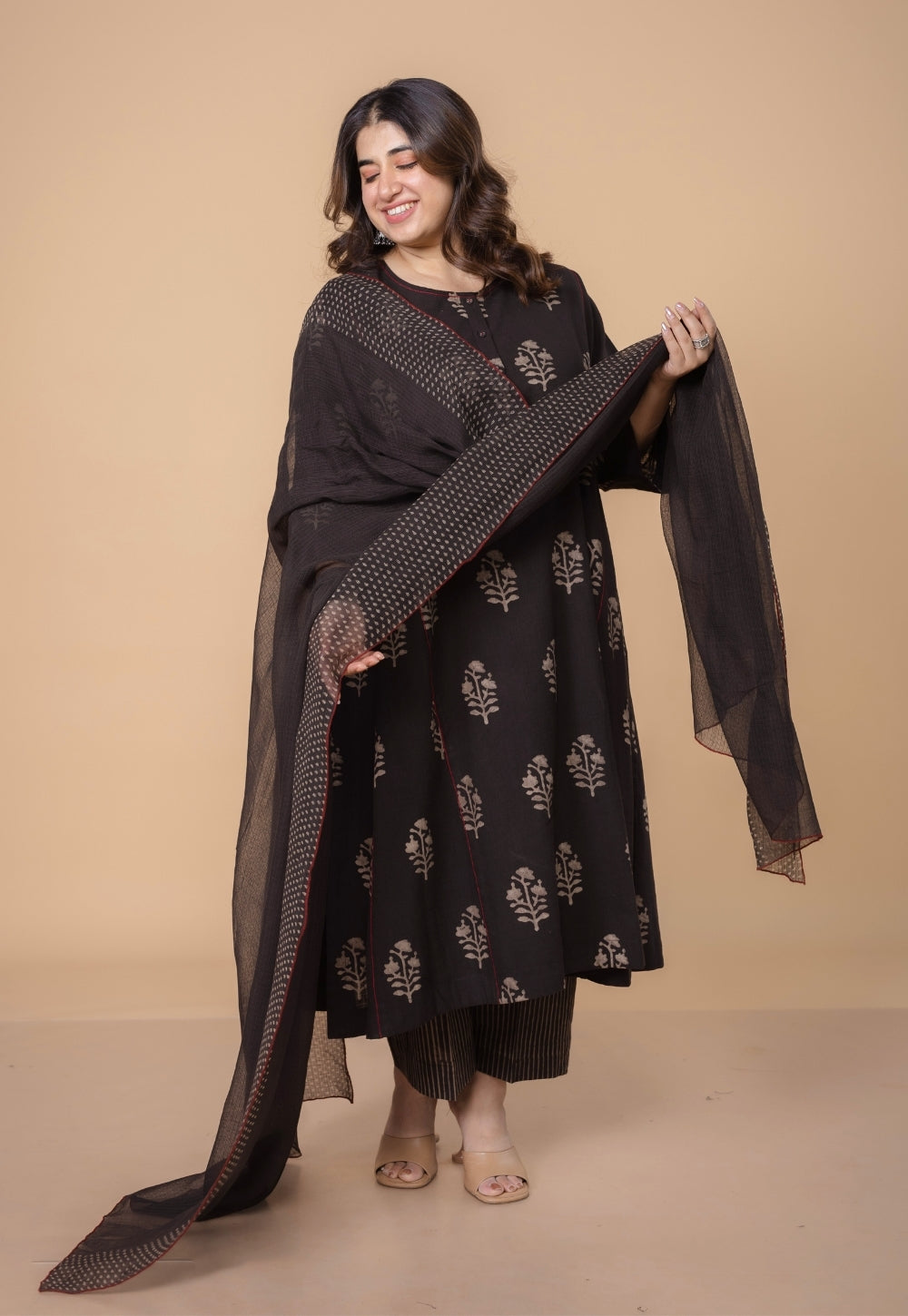 Disha Brown Dabu Slub Cotton Jhabbha Kali Kurta