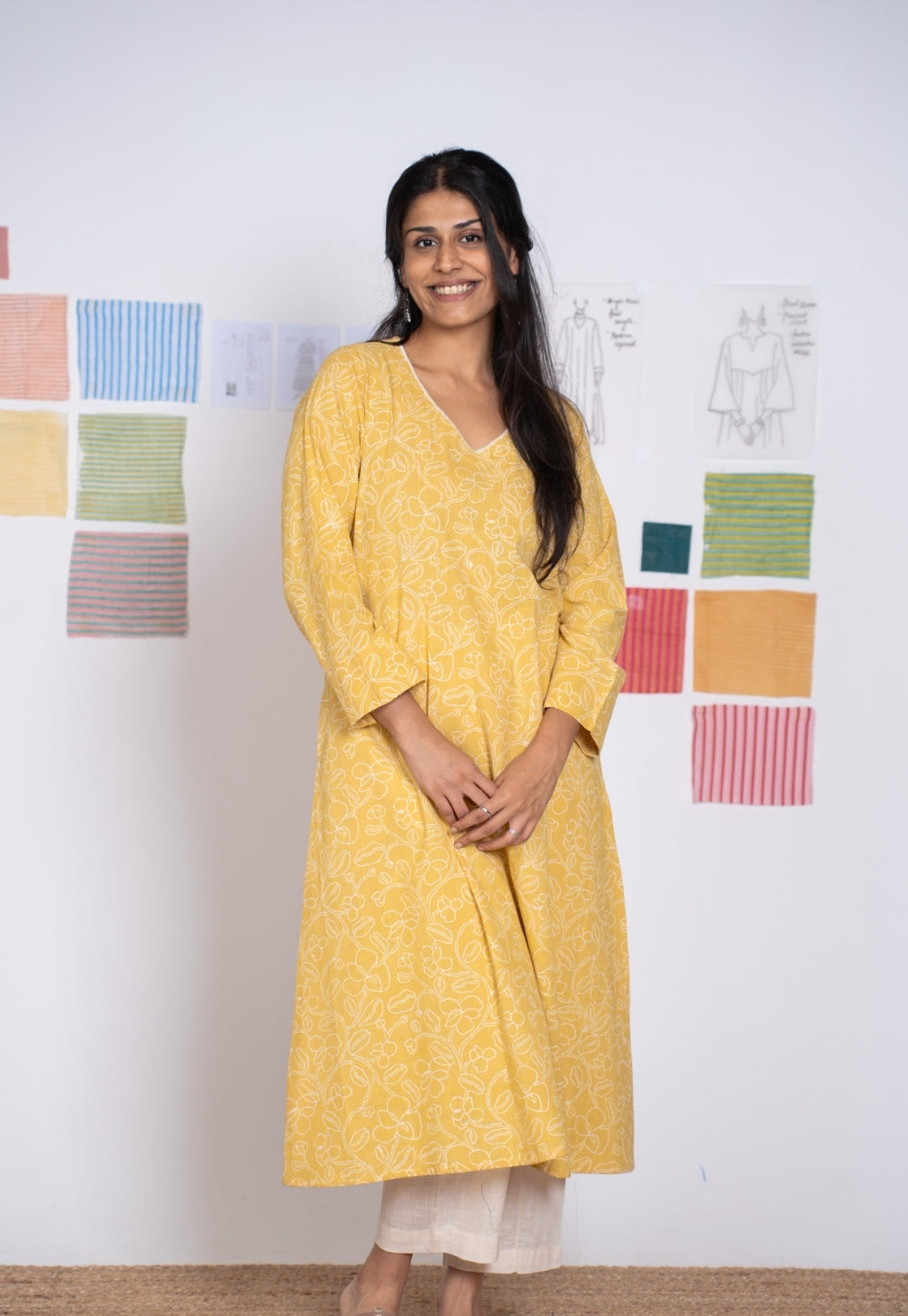 Aarti Mustard Hand Block Print Slub Cotton A Line Kurta with Hand Embroidery