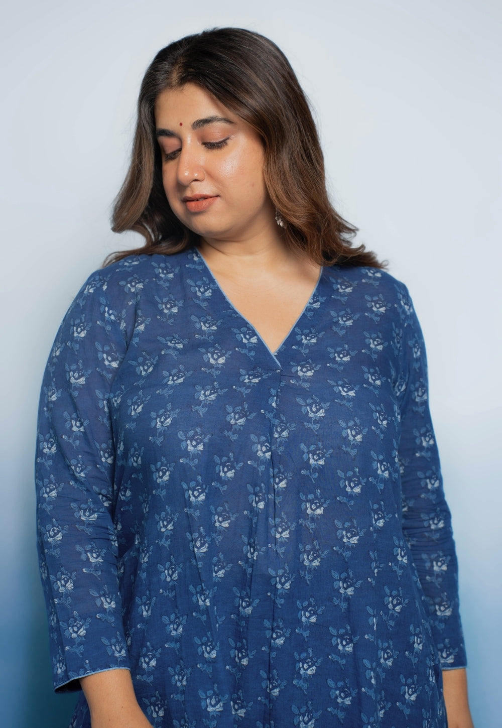 Raila Blue Dabu Mul Cotton Straight Kurta