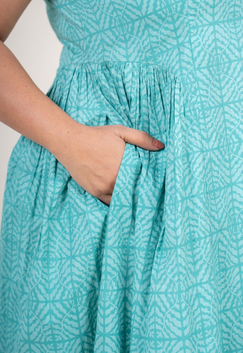 Navira Aqua Green Printed Cotton A Line Dress