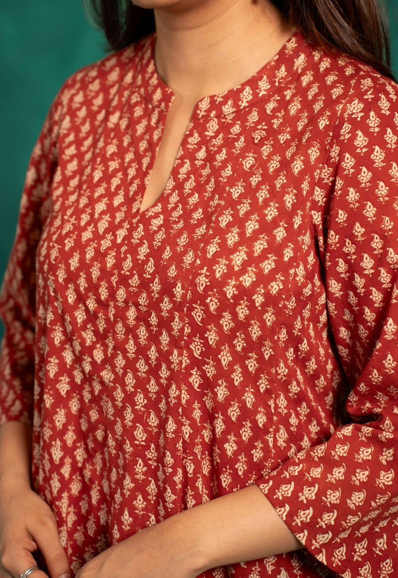 Viha Red Bagru Cotton Kali Kurta