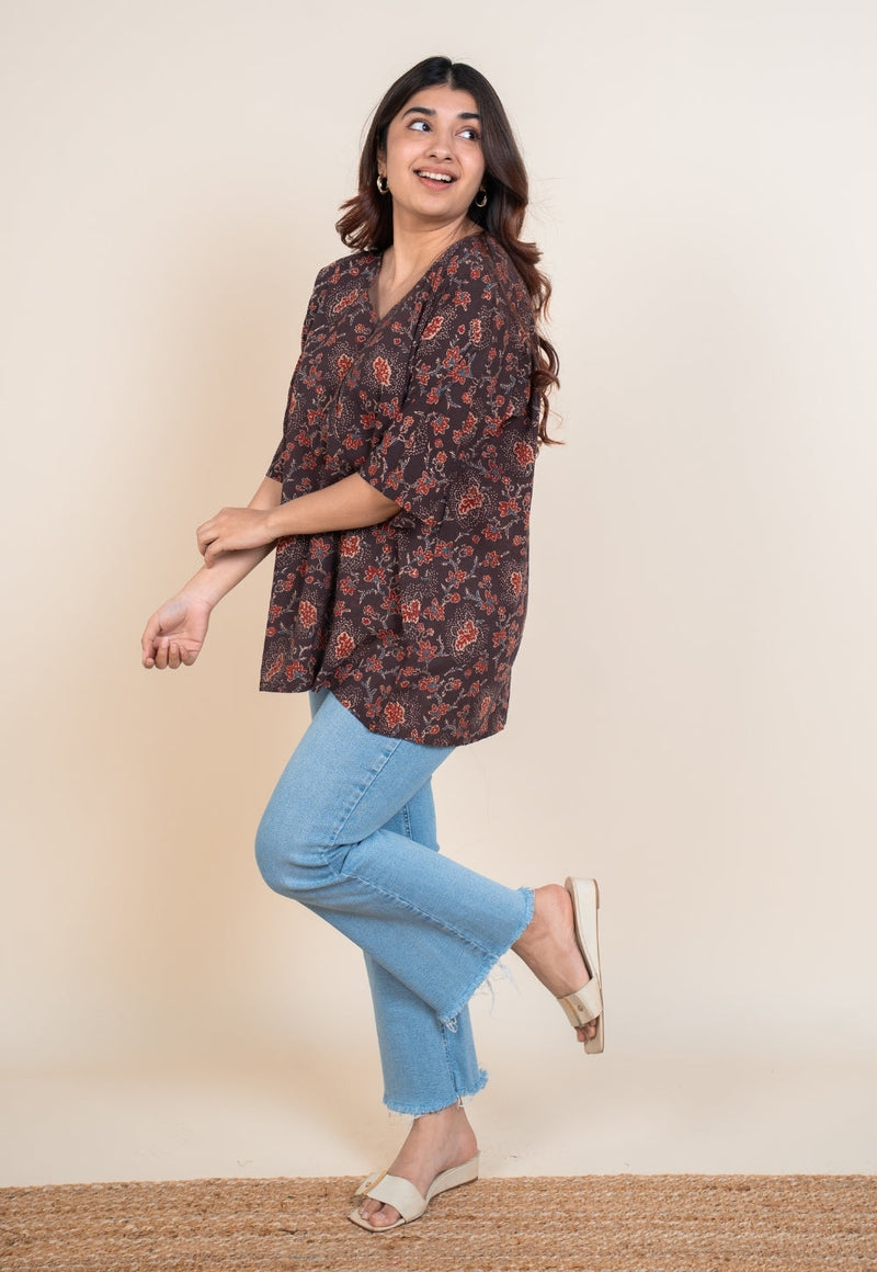 Anshika Red Ajrakh Cotton Anti-Fit Short Top