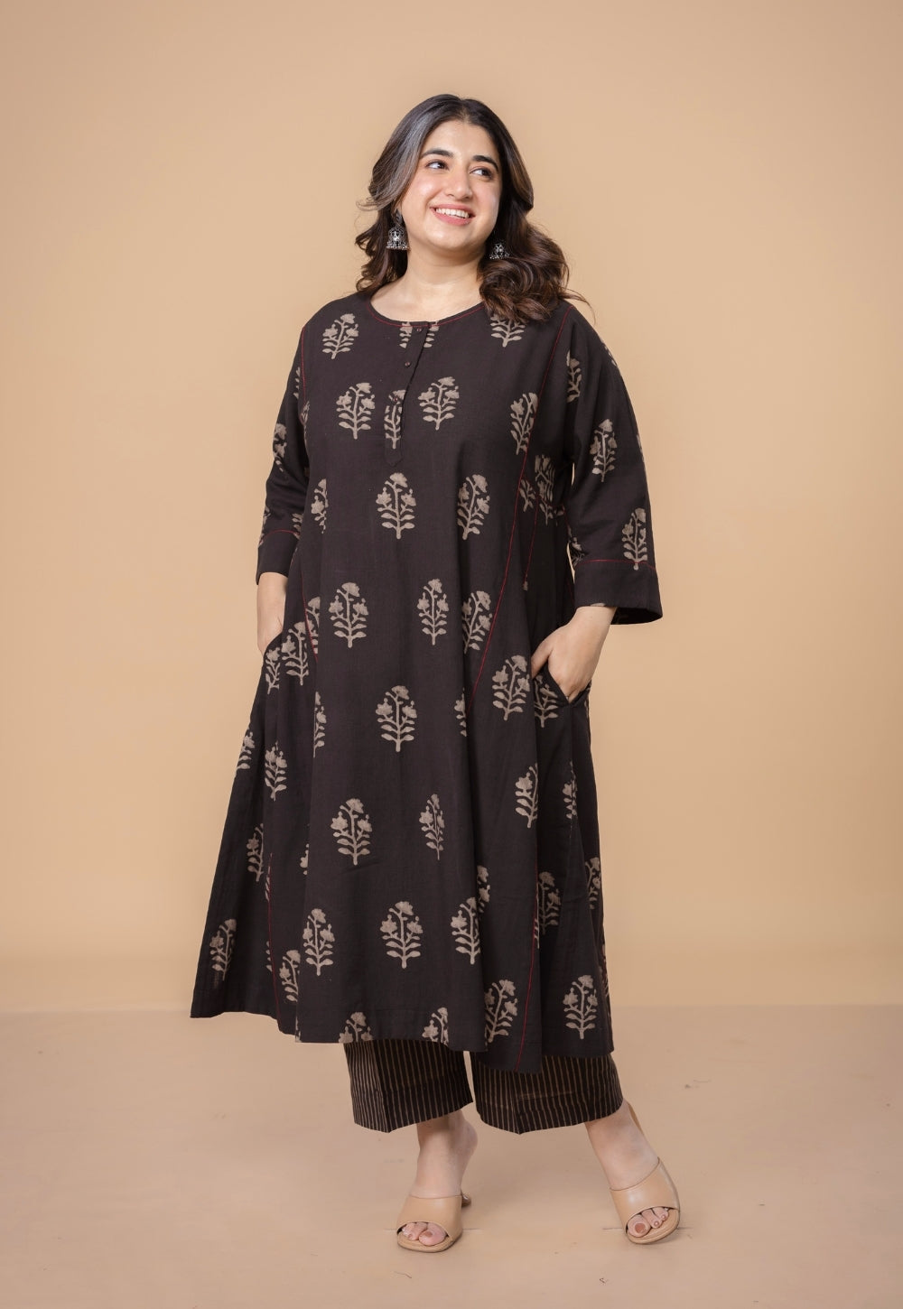 Disha Brown Dabu Slub Cotton Jhabbha Kali Kurta
