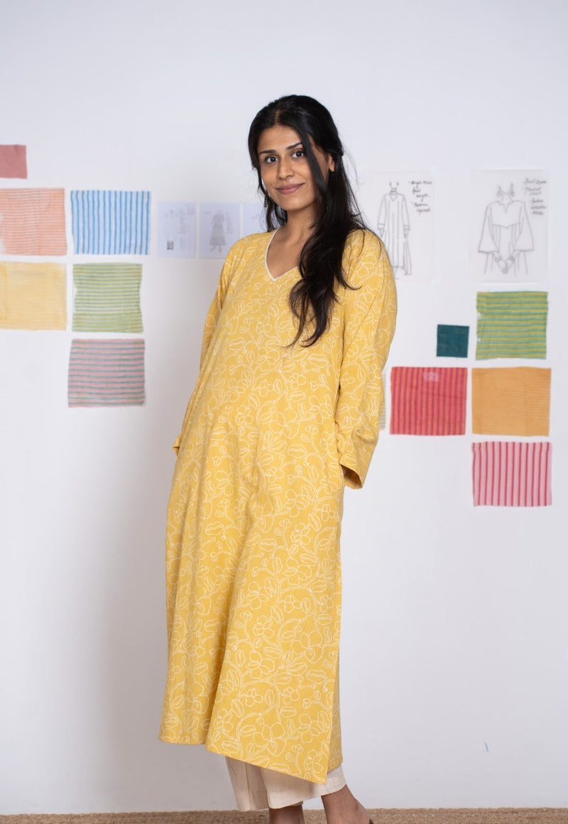 Aarti Mustard Hand Block Print Slub Cotton A Line Kurta with Hand Embroidery