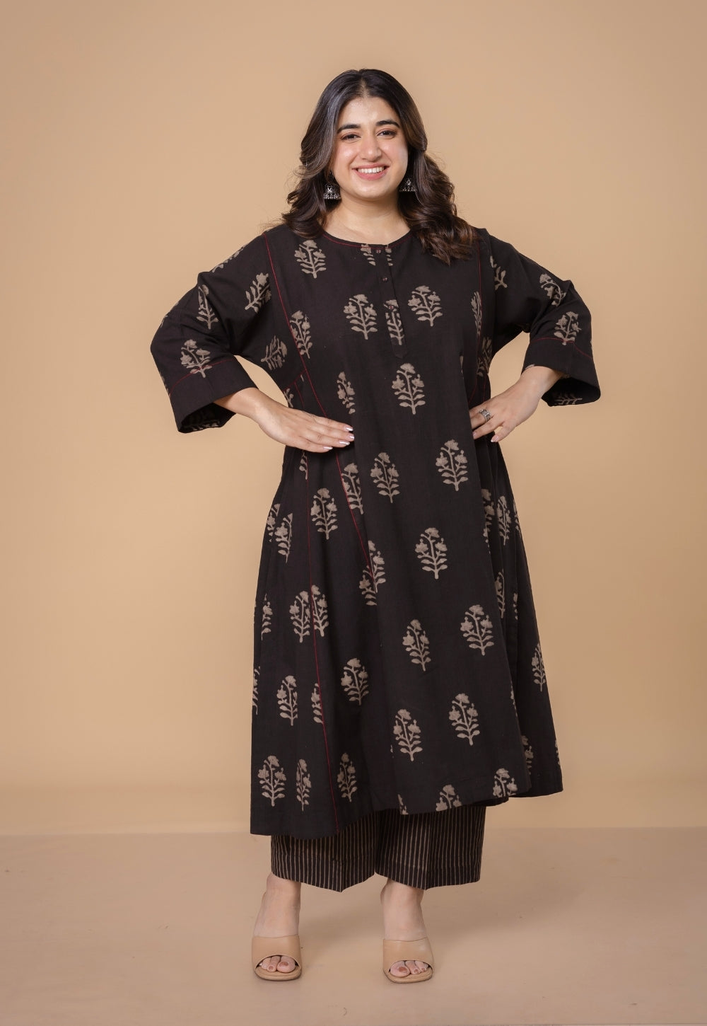 Disha Brown Dabu Slub Cotton Jhabbha Kali Kurta