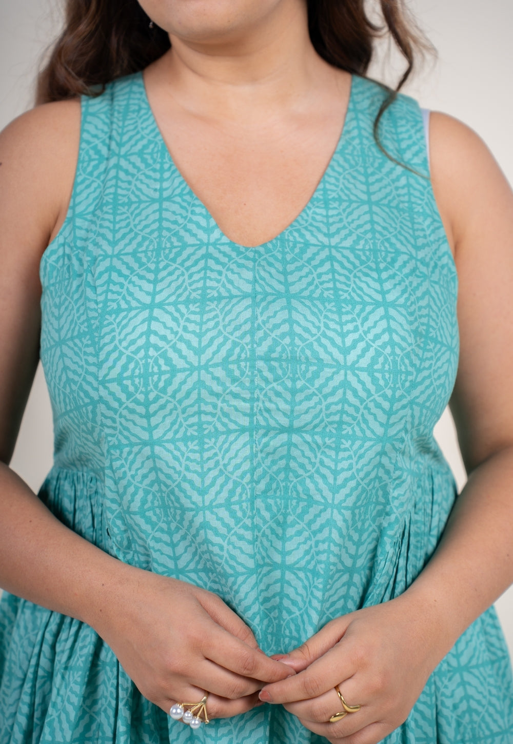 Navira Aqua Green Printed Cotton A Line Dress