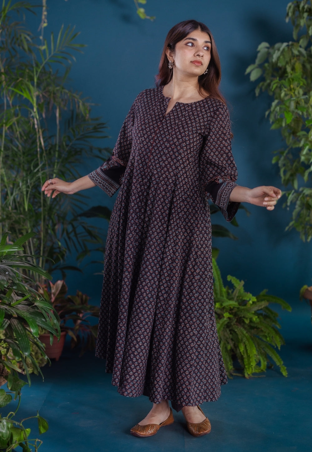 Meyara Black Ajrakh Cotton Kali Kurta with Hand Embroidery