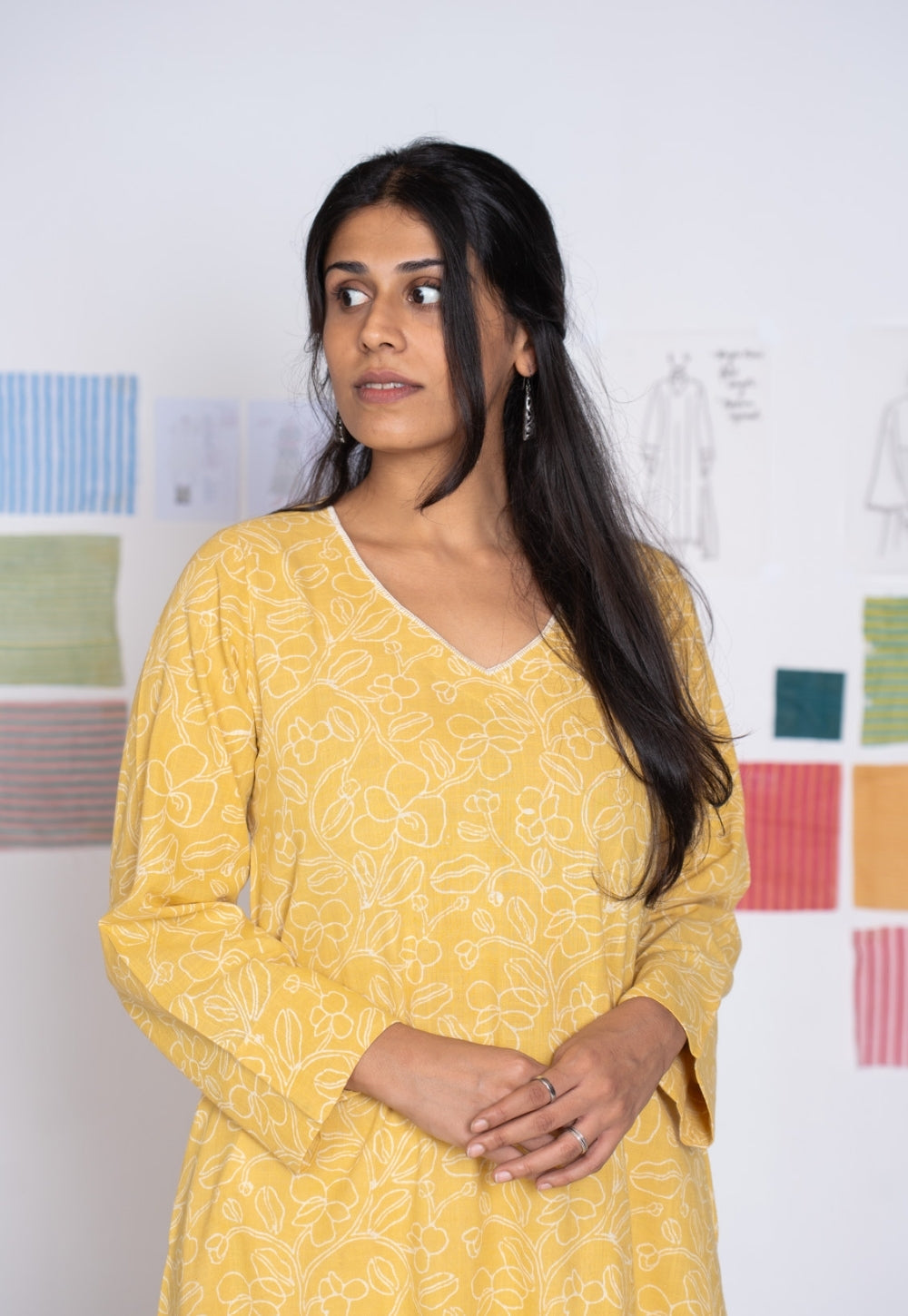 Aarti Mustard Hand Block Print Slub Cotton A Line Kurta with Hand Embroidery