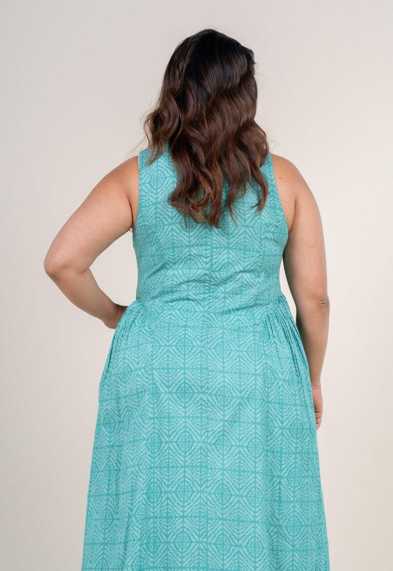 Navira Aqua Green Printed Cotton A Line Dress