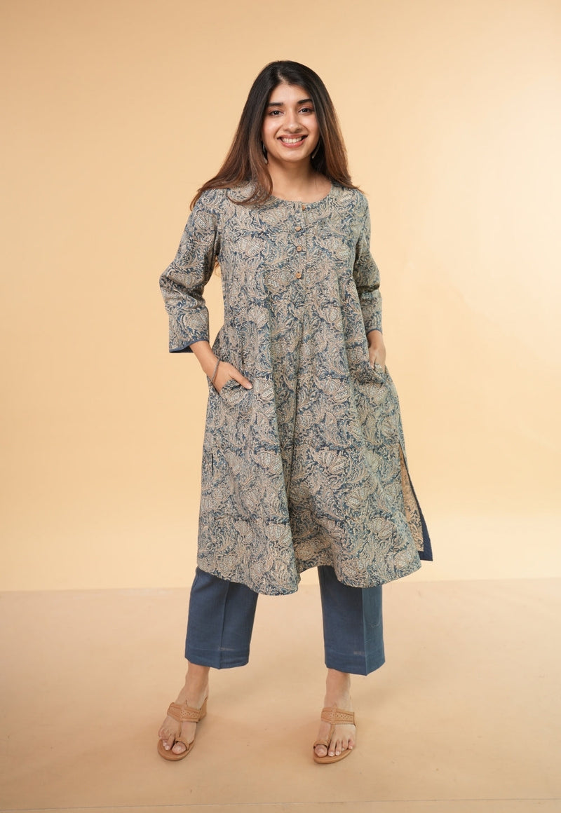 Daniya Blue Kalamkari Cotton Straight Kurta