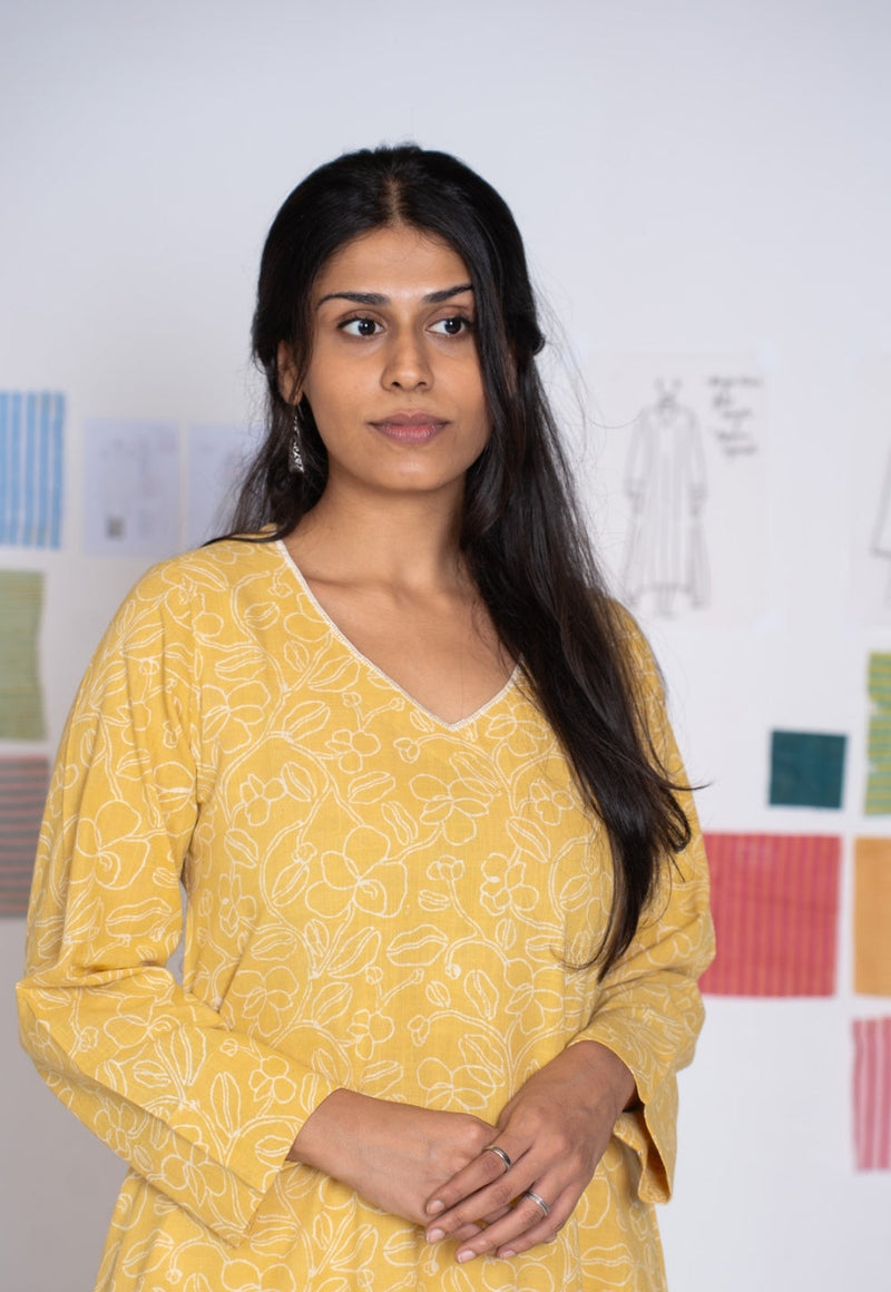 Aarti Mustard Hand Block Print Slub Cotton A Line Kurta with Hand Embroidery