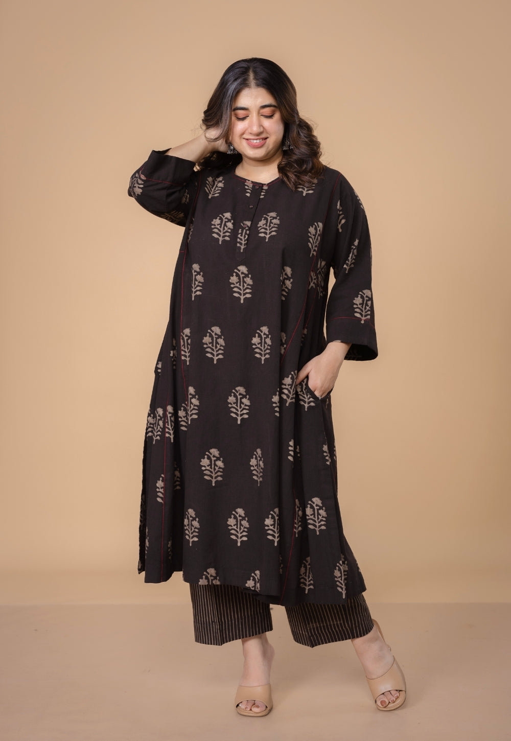 Disha Brown Dabu Slub Cotton Jhabbha Kali Kurta