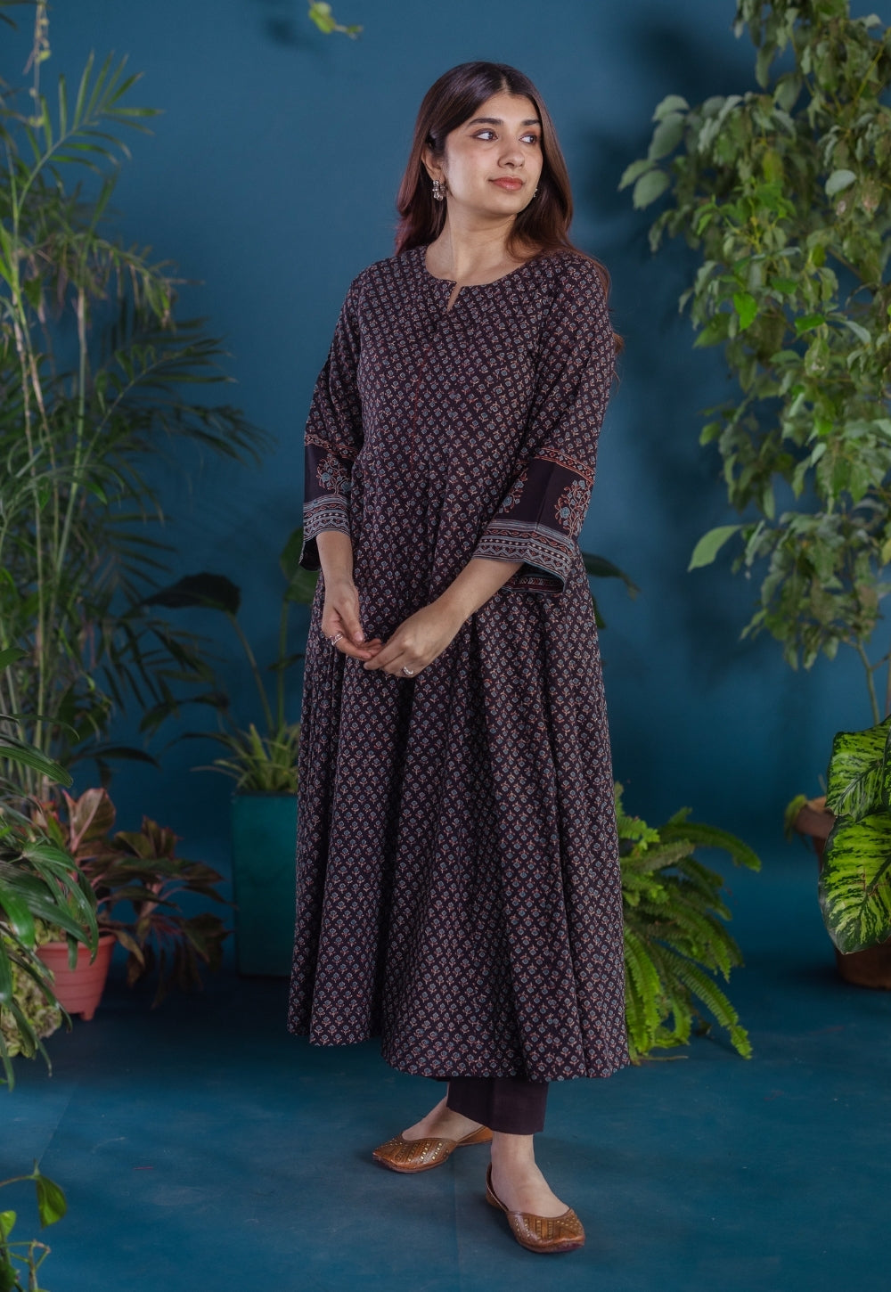 Meyara Black Ajrakh Cotton Kali Kurta with Hand Embroidery
