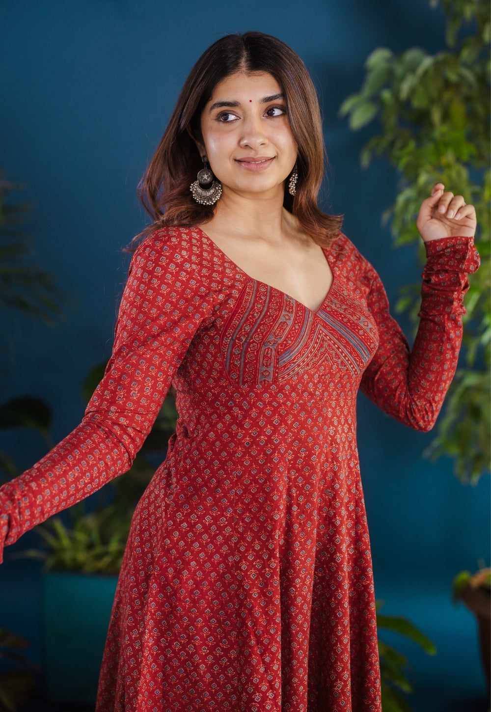 Aniha Red Ajrakh Cotton Kali Kurta