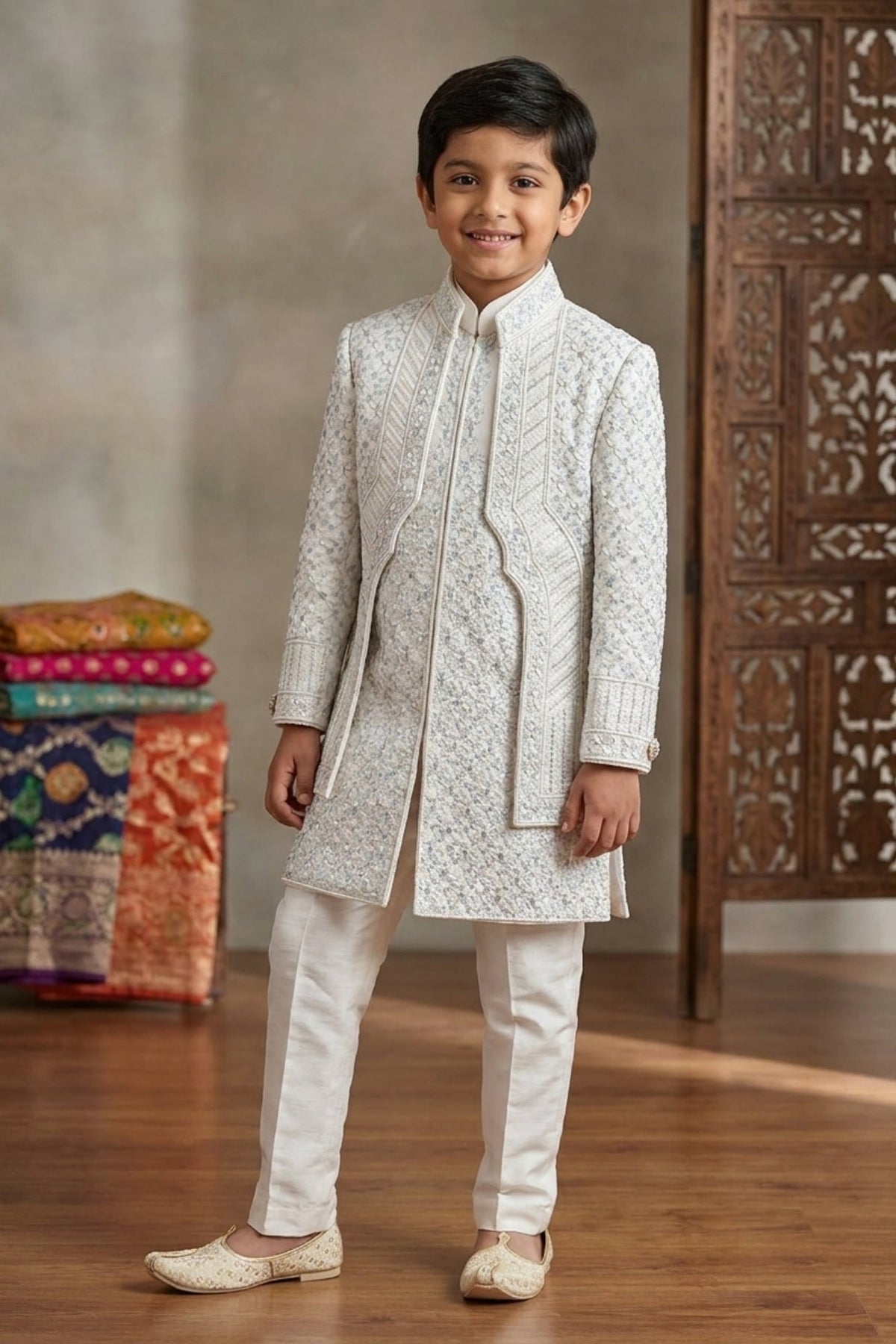 White Embroidered Indo Western Sherwani Set For Boys