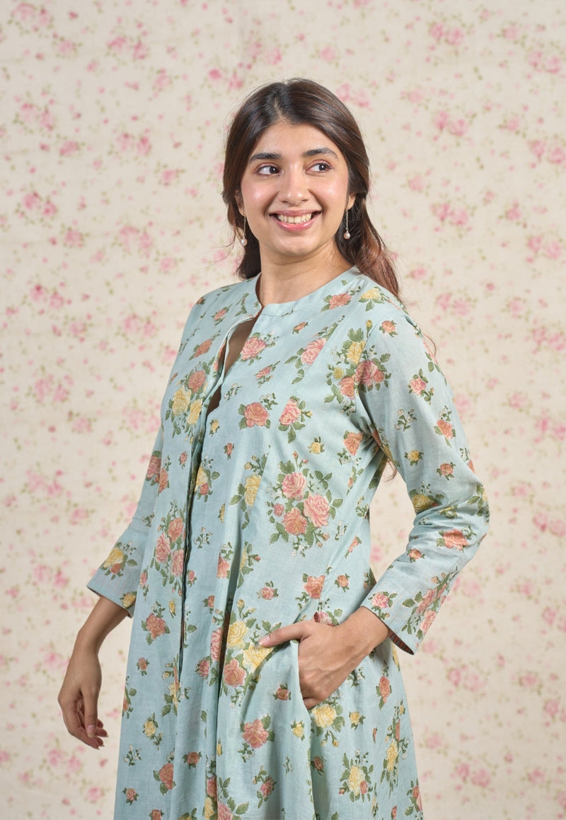 Emma Blue Sanganeri Slub Cotton Kali Kurta