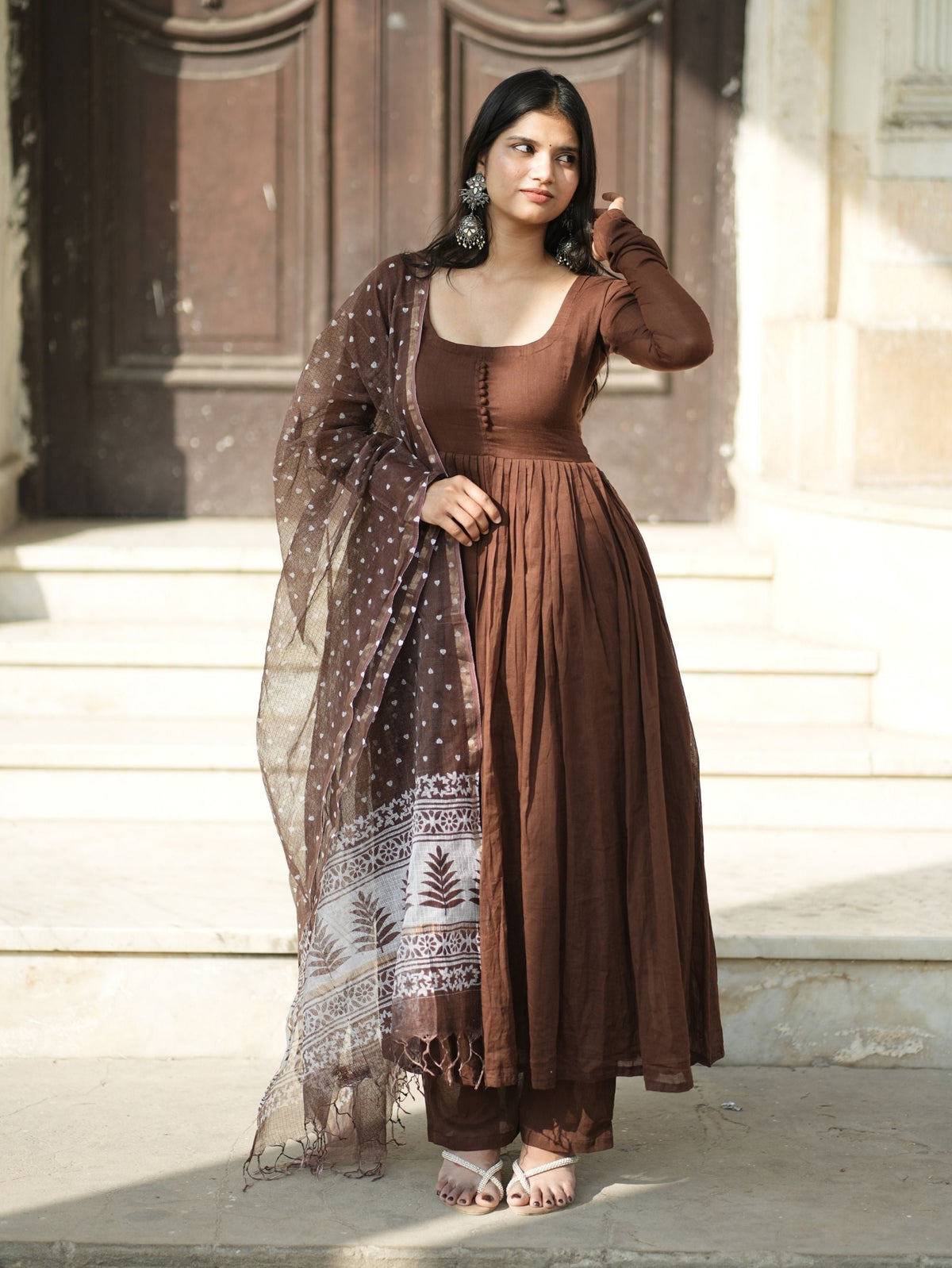 Dilruba Brown Mul Cotton Anarkali 3 Piece Suit Set with Dupatta