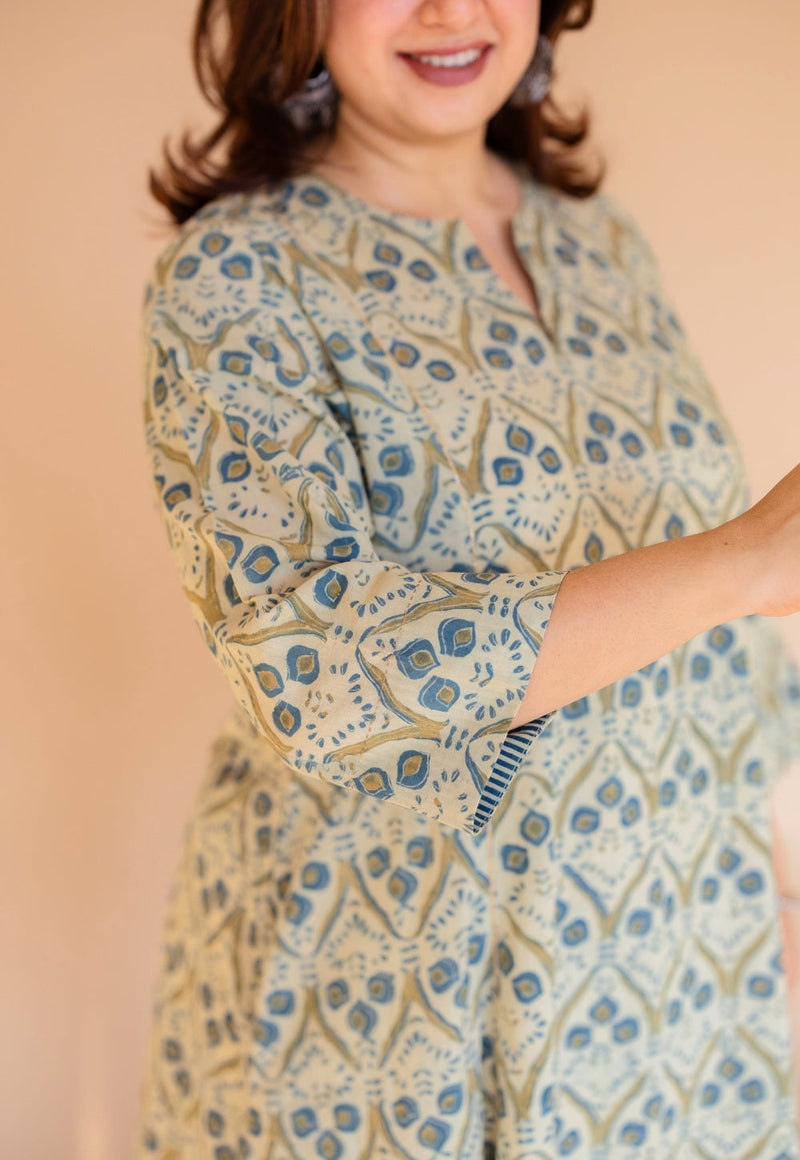 Malika Off White Ajrakh Cotton Kali Kurta with Embroidery