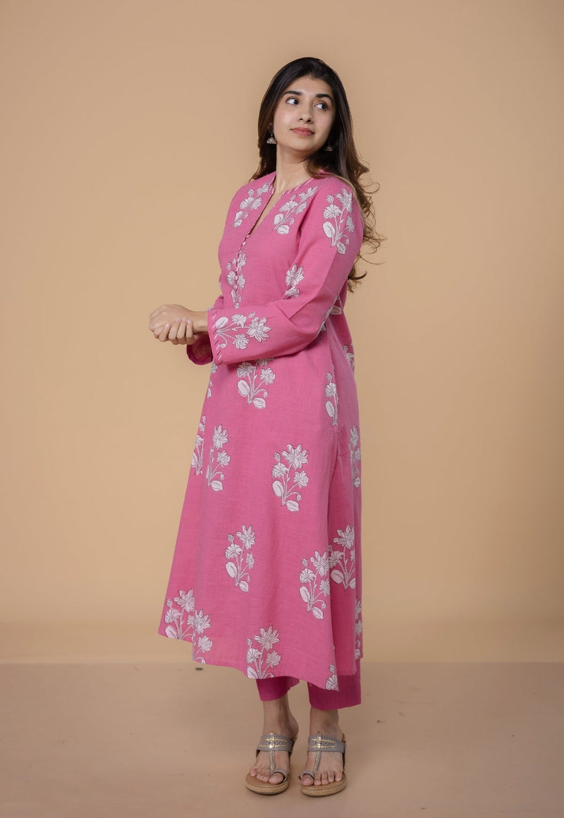 Eshika Pink Dabu Slub Cotton A Line Kurta