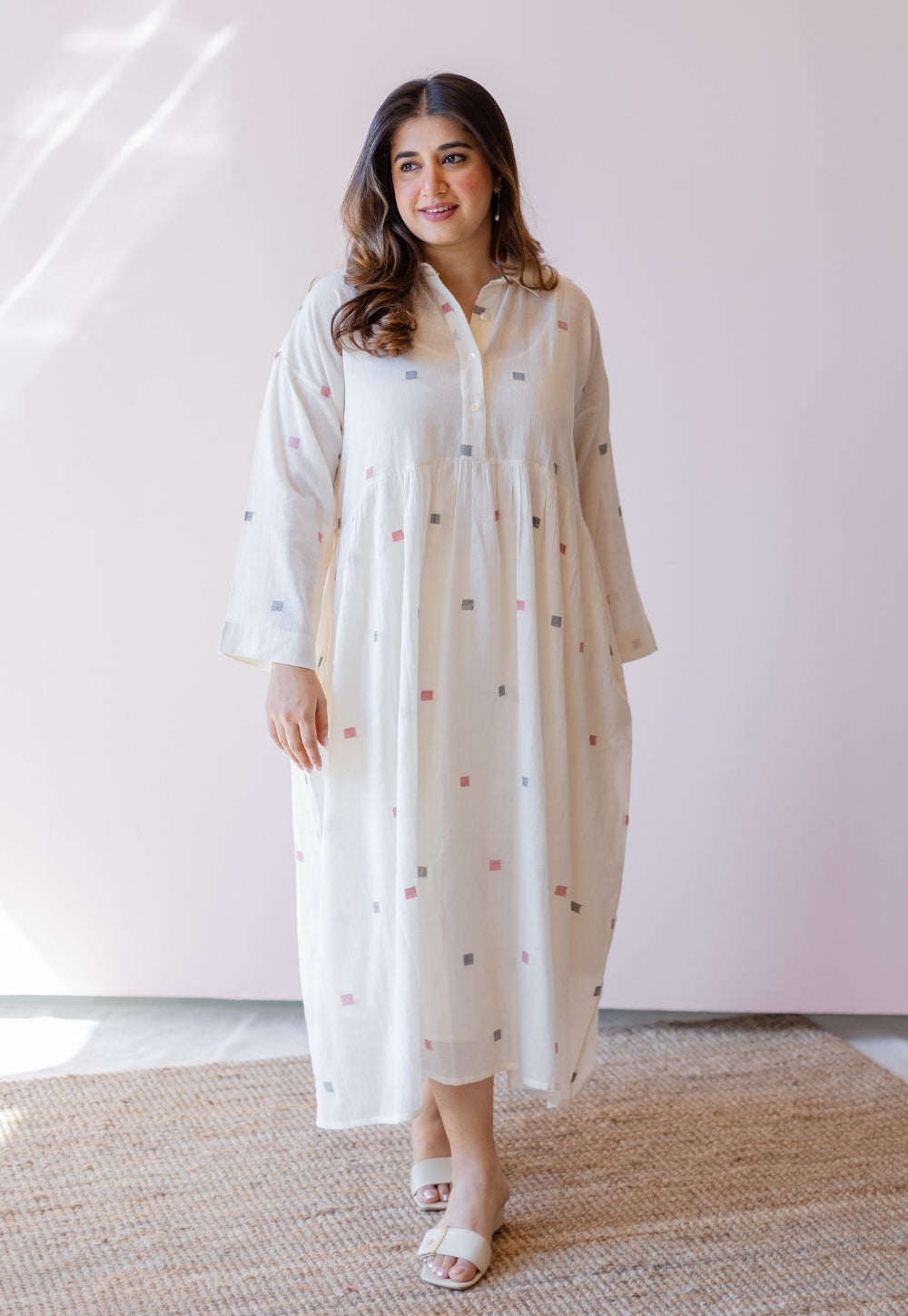 Rhea Off White Jamdani Handloom Cotton A Line Dress