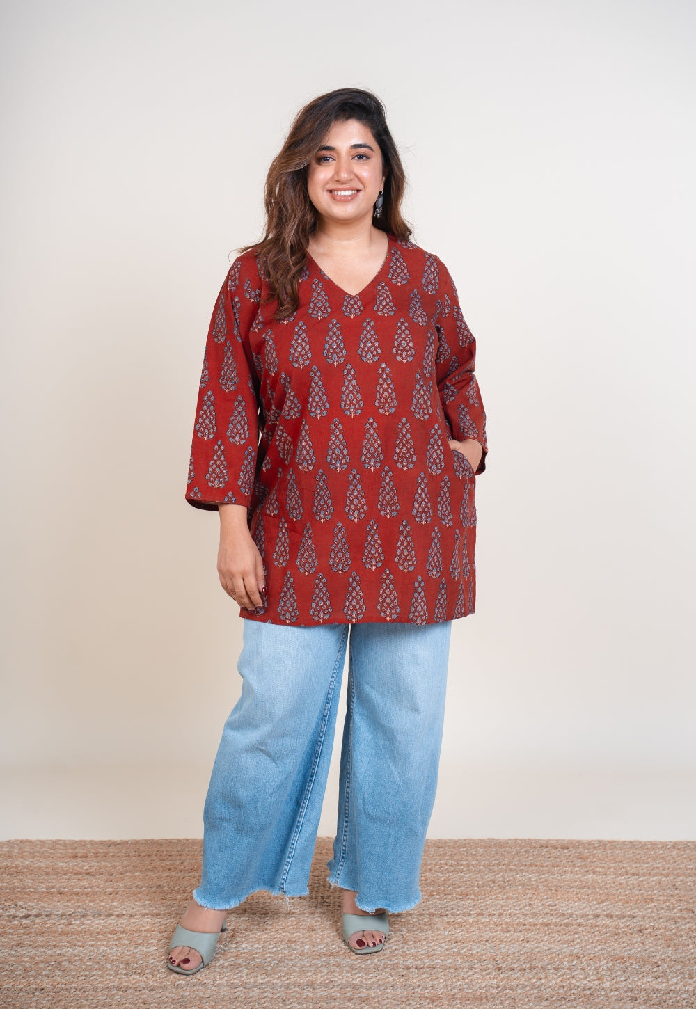 Sahar Red Ajrakh Cotton Straight Short Top