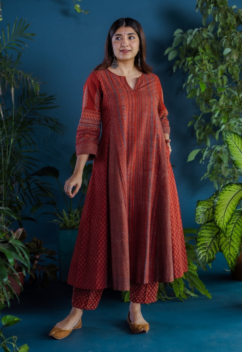 Prita Red Butti Ajrakh Cotton Narrow Pant