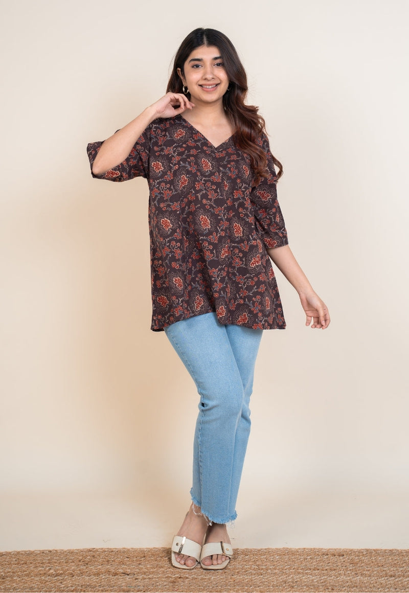 Anshika Red Ajrakh Cotton Anti-Fit Short Top