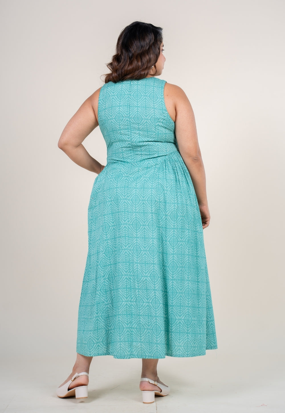 Navira Aqua Green Printed Cotton A Line Dress