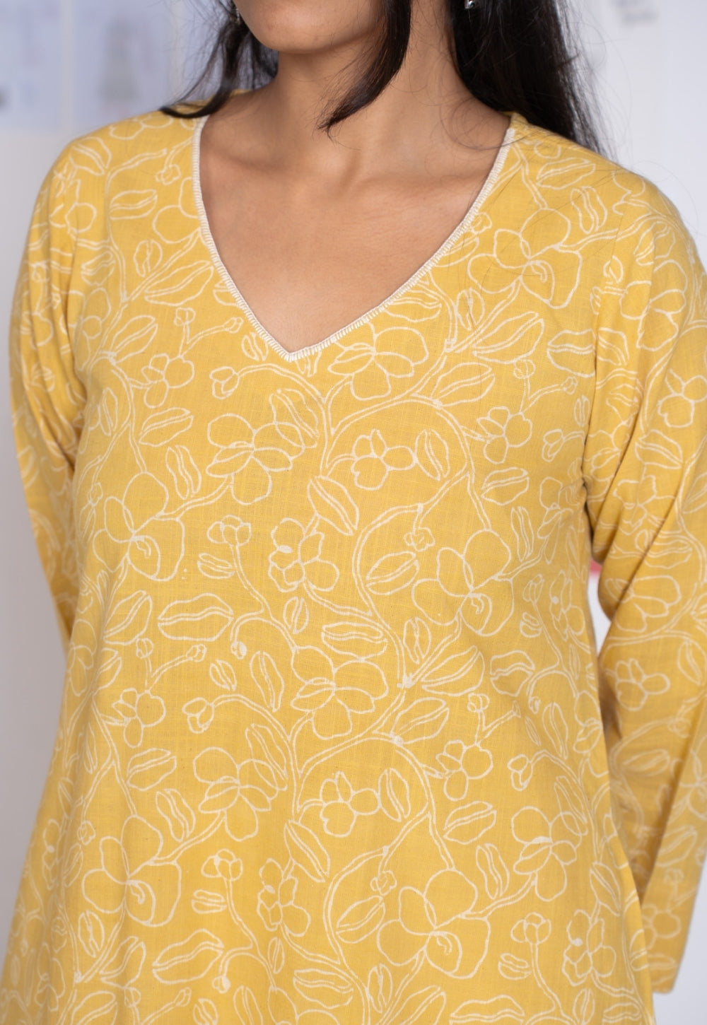 Aarti Mustard Hand Block Print Slub Cotton A Line Kurta with Hand Embroidery