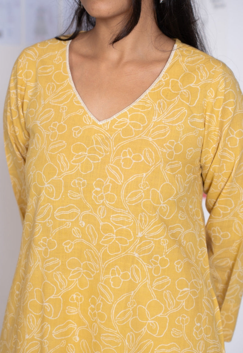 Aarti Mustard Hand Block Print Slub Cotton A Line Kurta with Hand Embroidery