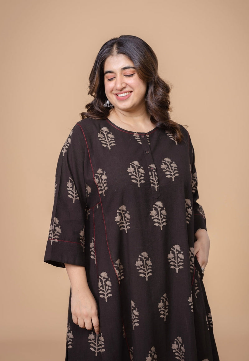 Disha Brown Dabu Slub Cotton Jhabbha Kali Kurta
