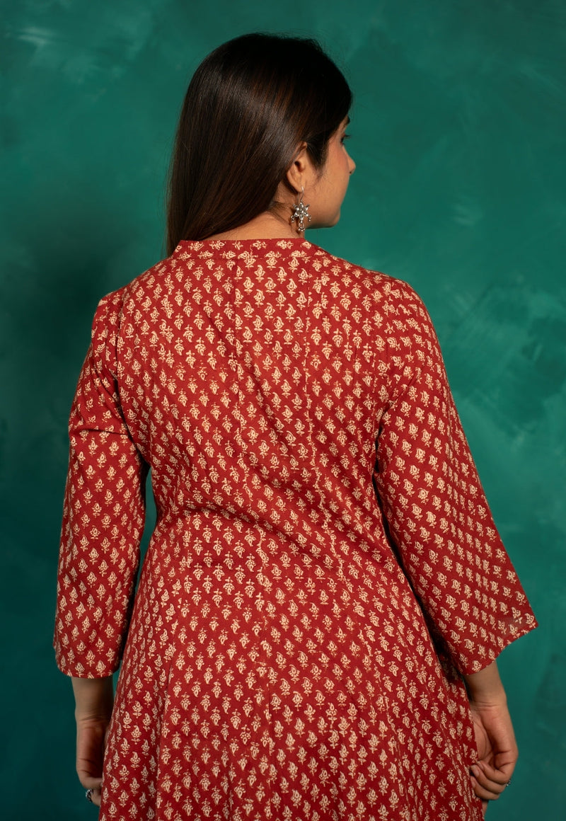 Viha Red Bagru Cotton Kali Kurta