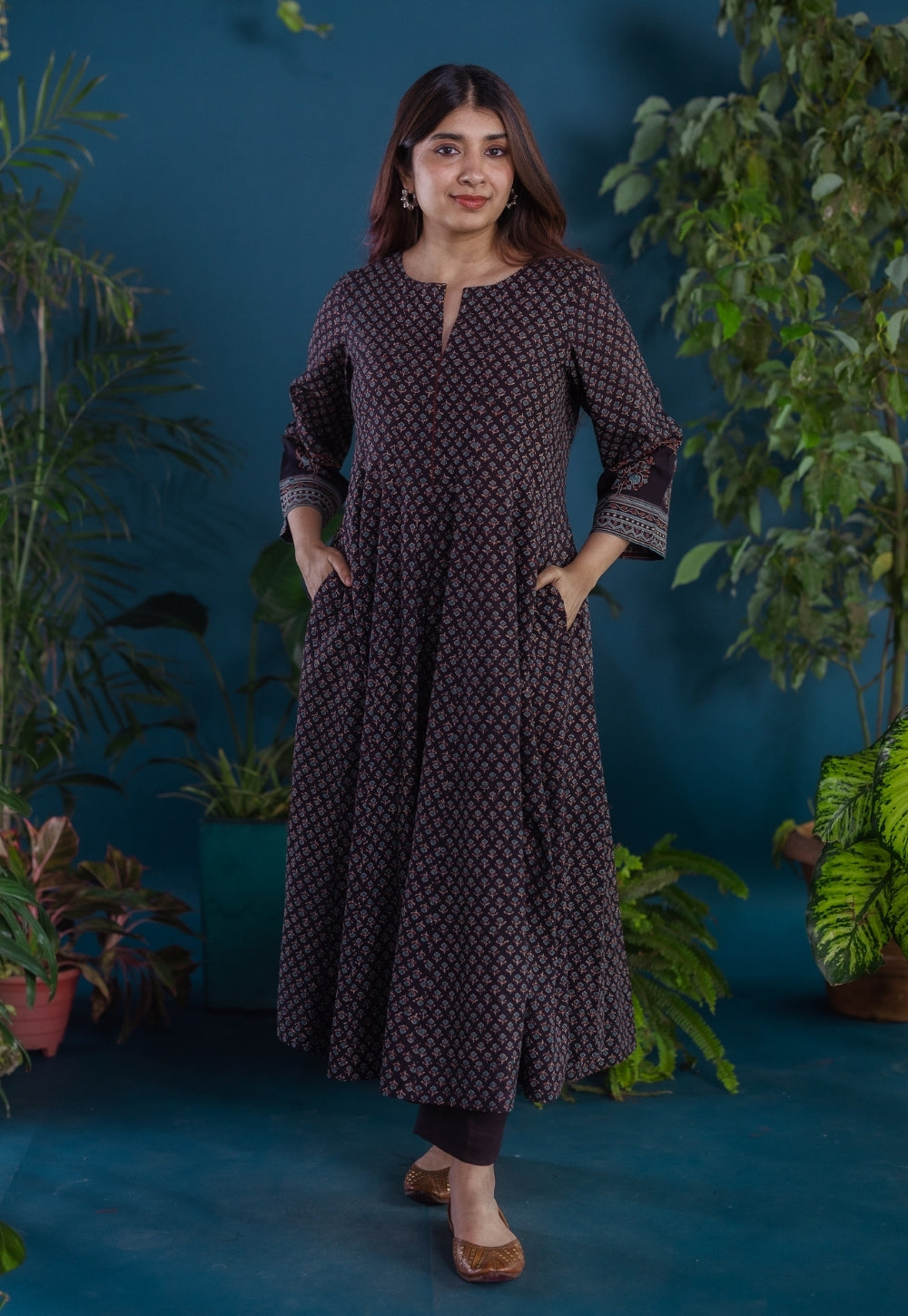 Meyara Black Ajrakh Cotton Kali Kurta with Hand Embroidery