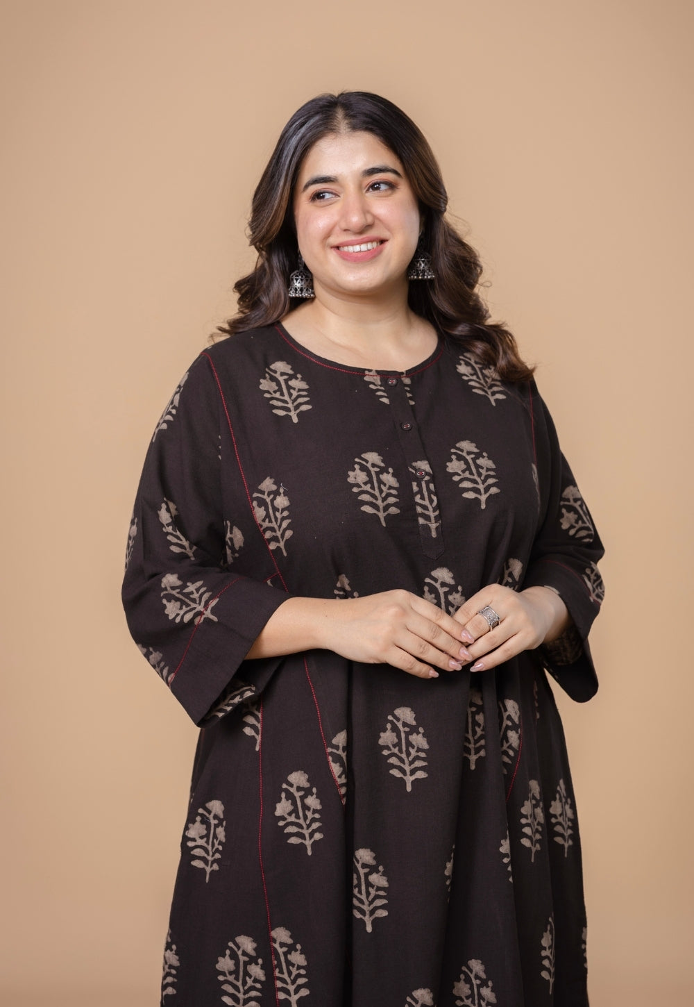 Disha Brown Dabu Slub Cotton Jhabbha Kali Kurta